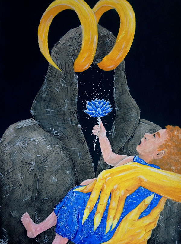 Eine Figur in einem Schwarzen Umhang, mit gelben gekrümmten Hörnern und gelben Armen, hält ein Baby, das einen blauen Strampler trägt, in den Armen. Das Baby hält eine blaue Blume vor das Verhüllte Gesicht der Figur.