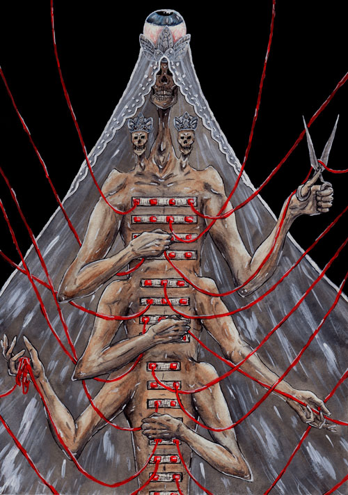 Ein Skelett Server mit drei Köpfen trägt eine Augenkrone mit Schleier. Aus ihnen kommen Kabel. Eine Hand zerschneidet ein Kabel mit einer Schere. Eine Hand begutachtet ein Kabel. Eine Hand verlegt ein Kabel.