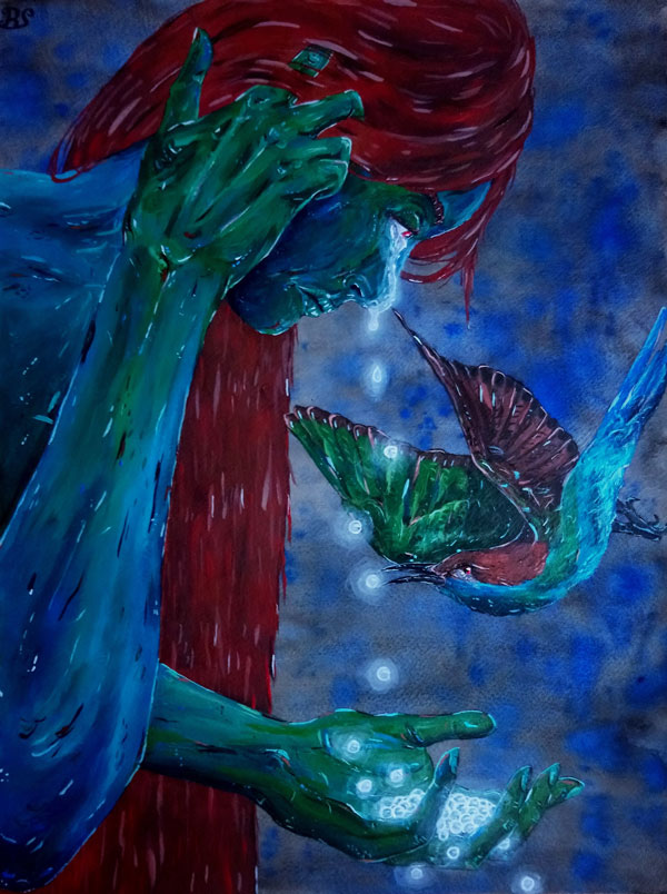 Eine Person mit Blau Grüner Haut weint. Die Tränen werden zu Perlen. Ein Blau Grüner Vogel fängt eine Perle, als sie herunterfällt.