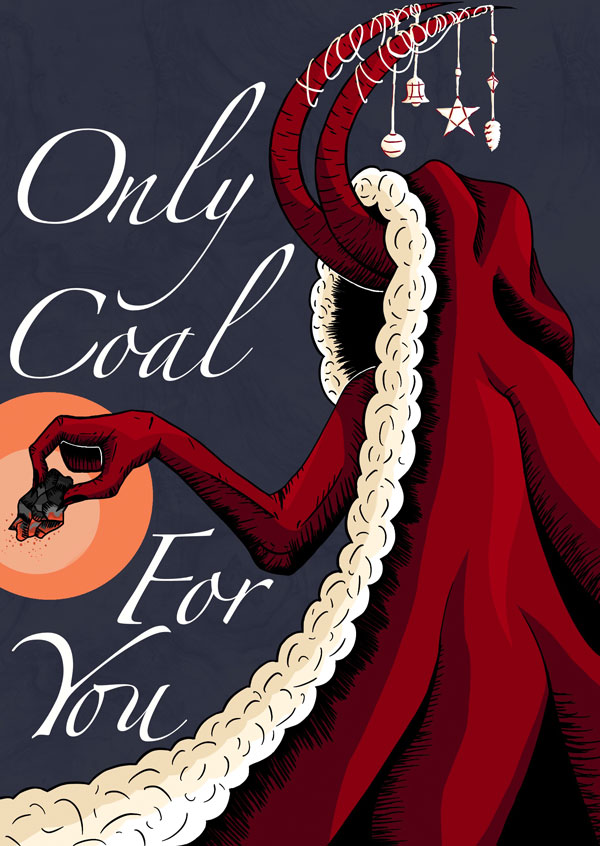 Krampus hält ein Stück Kohle. Es steht geschrieben: only coal for you.
